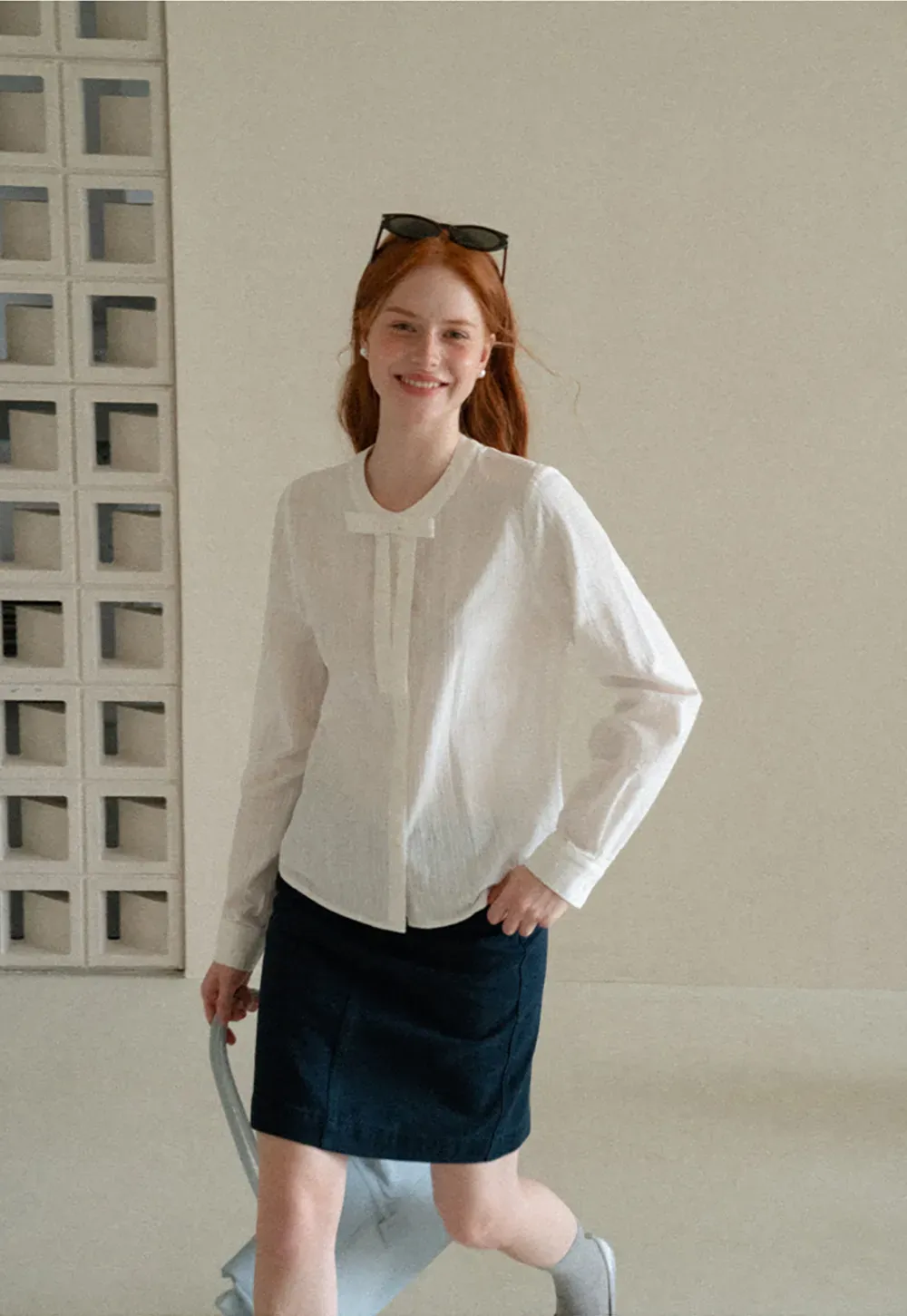 Button Front Shirt with Bow Collar and Grid Texture