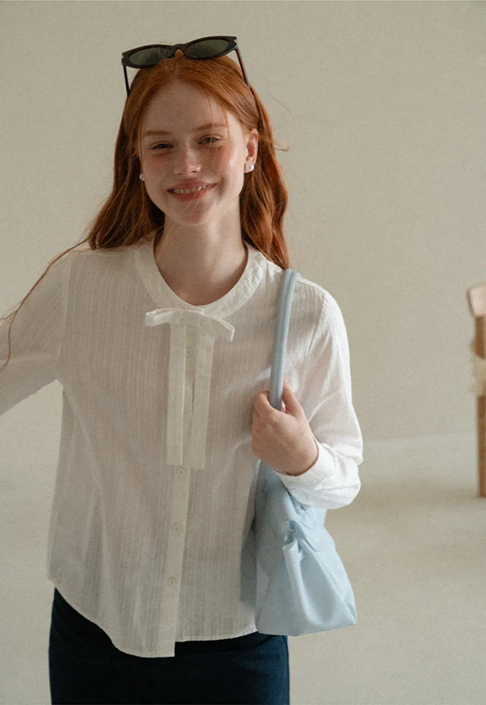 Button Front Shirt with Bow Collar and Grid Texture