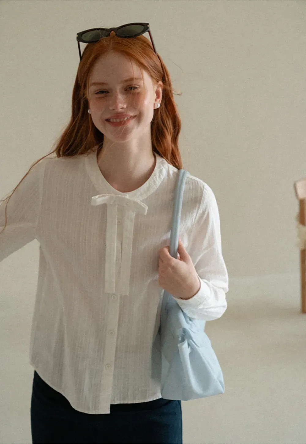 Button Front Shirt with Bow Collar and Grid Texture