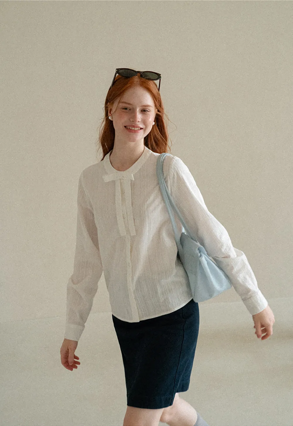 Button Front Shirt with Bow Collar and Grid Texture