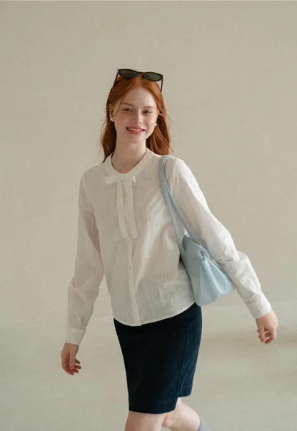 Button Front Shirt with Bow Collar and Grid Texture