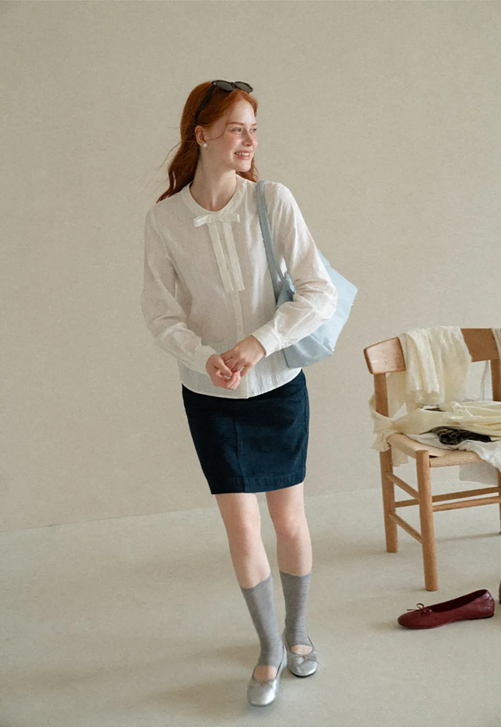 Button Front Shirt with Bow Collar and Grid Texture