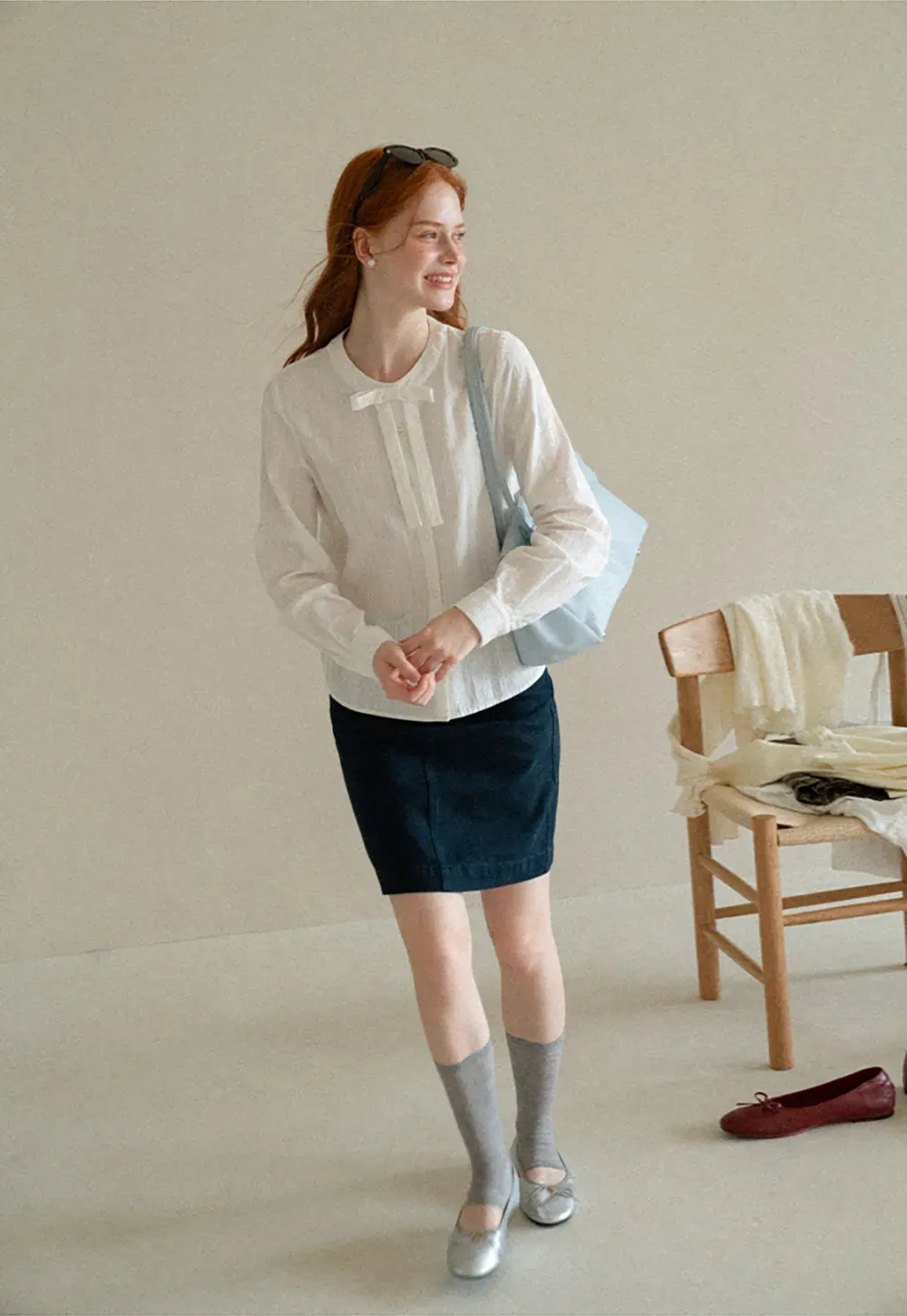 Button Front Shirt with Bow Collar and Grid Texture
