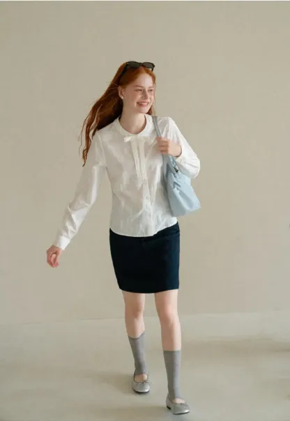 Button Front Shirt with Bow Collar and Grid Texture