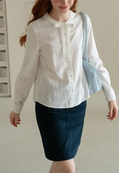 Button Front Shirt with Bow Collar and Grid Texture