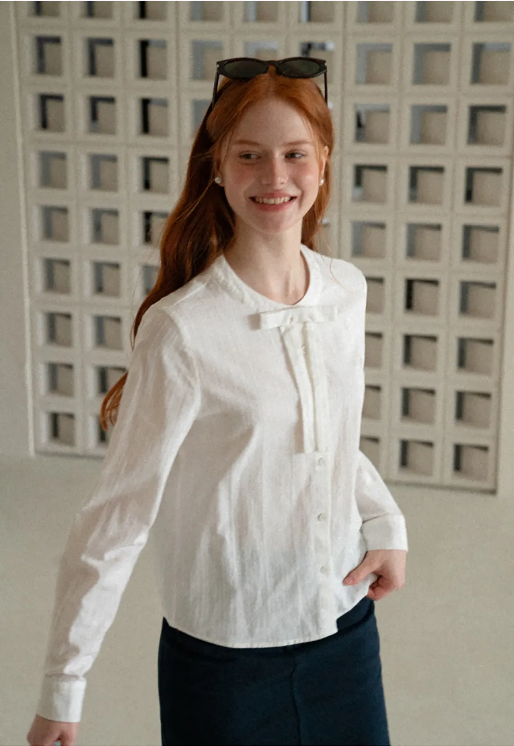 Button Front Shirt with Bow Collar and Grid Texture