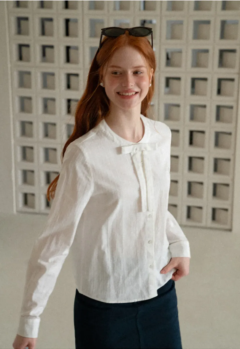Button Front Shirt with Bow Collar and Grid Texture