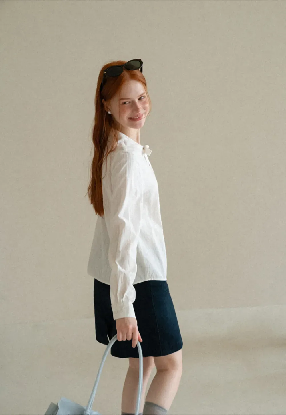 Button Front Shirt with Bow Collar and Grid Texture