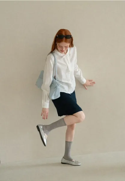 Button Front Shirt with Bow Collar and Grid Texture