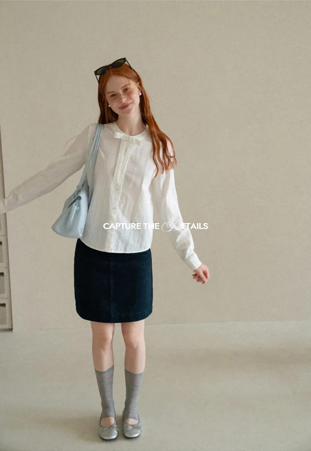 Button Front Shirt with Bow Collar and Grid Texture