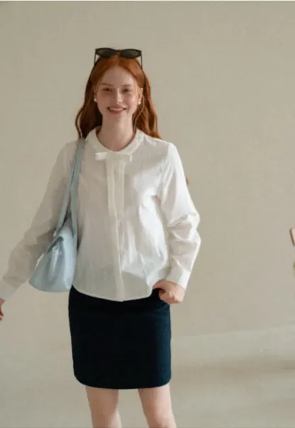 Button Front Shirt with Bow Collar and Grid Texture
