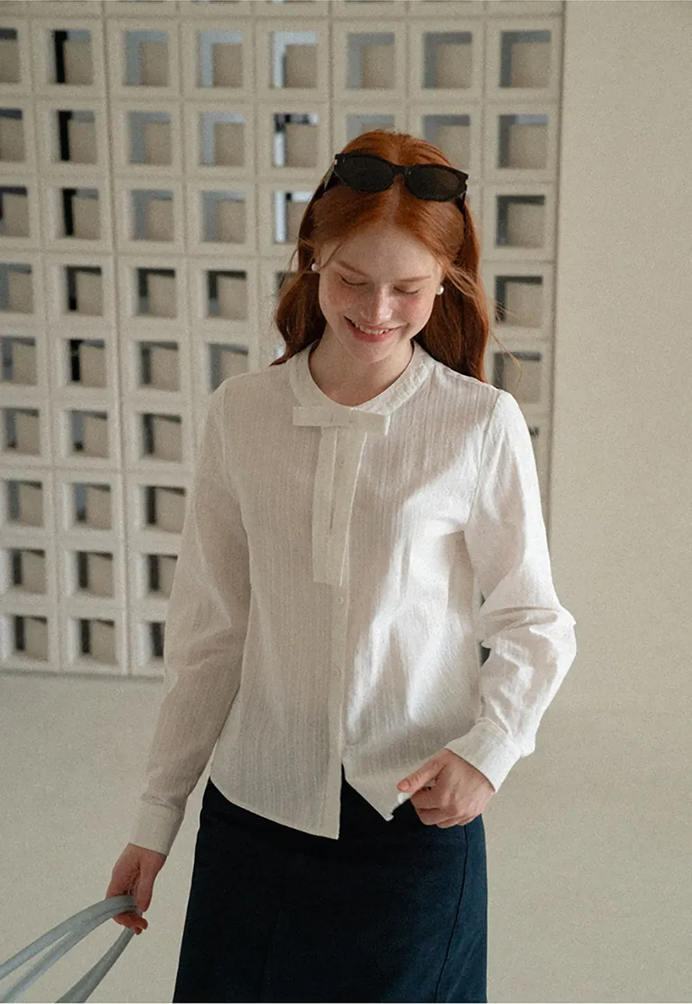 Button Front Shirt with Bow Collar and Grid Texture