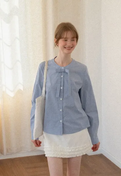 Button Front Shirt with Bow Collar and Grid Texture