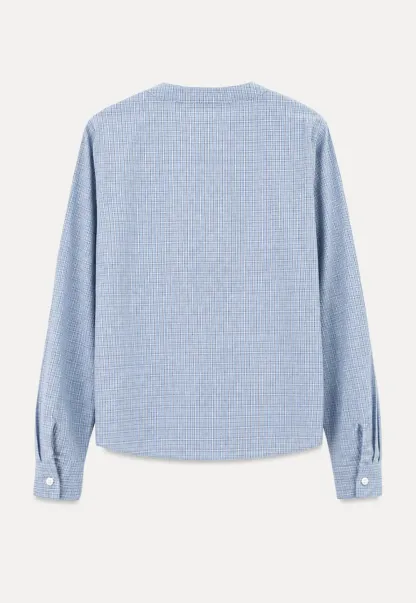 Button Front Shirt with Bow Collar and Grid Texture