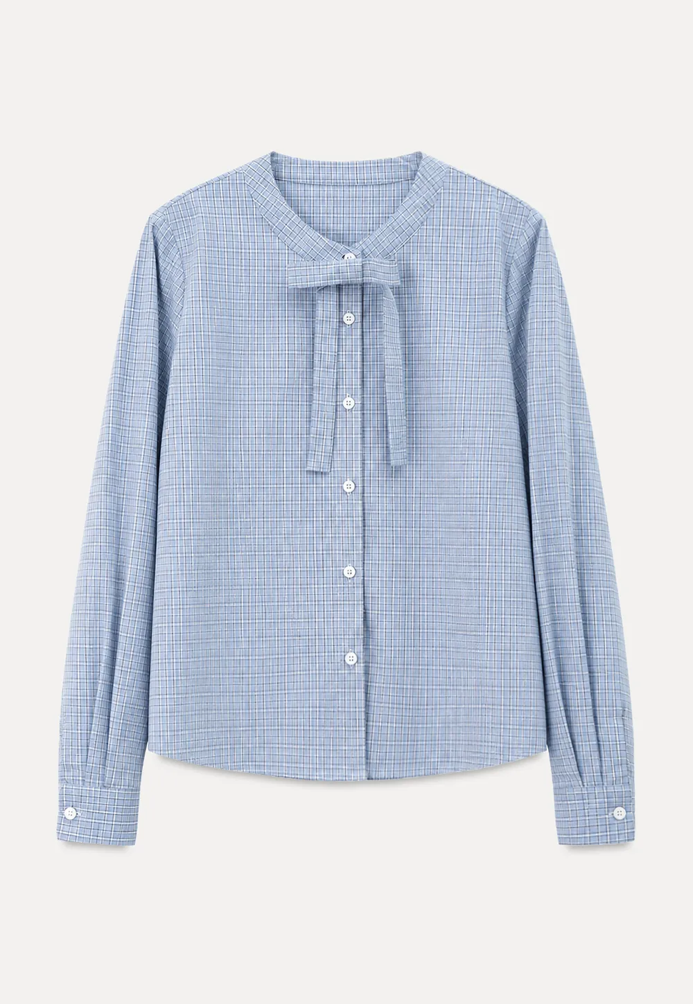 Button Front Shirt with Bow Collar and Grid Texture