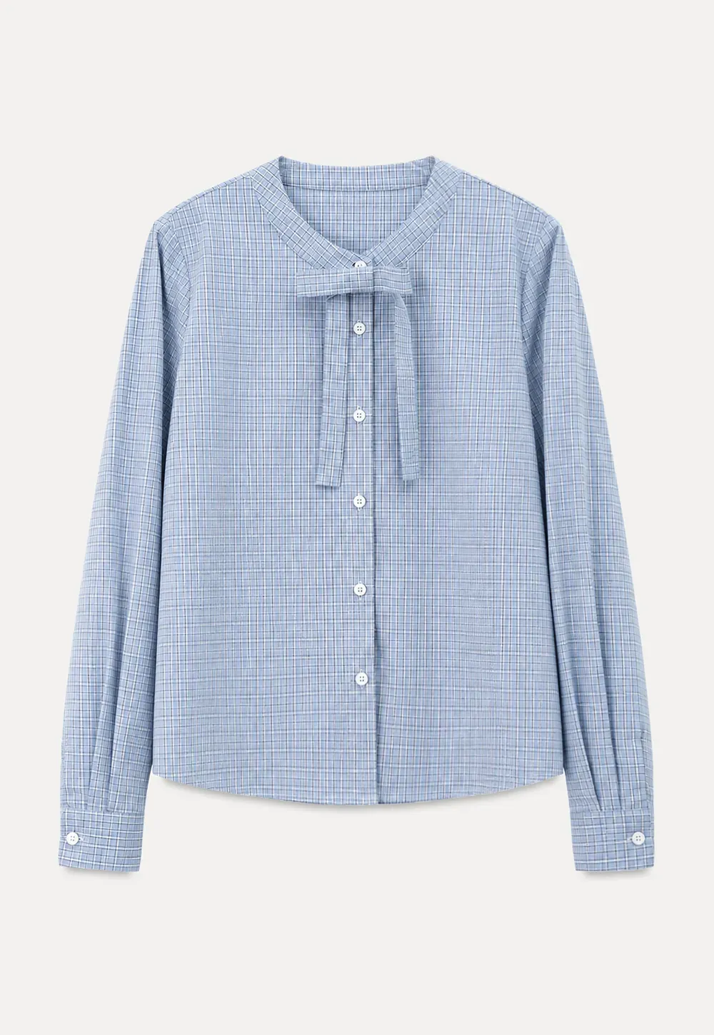 Button Front Shirt with Bow Collar and Grid Texture