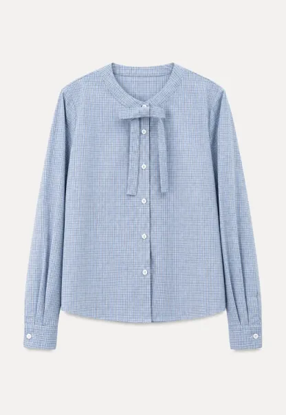 Button Front Shirt with Bow Collar and Grid Texture