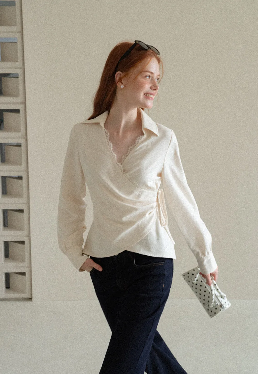 Lace Trim Wrap Front Long Sleeve Shirt