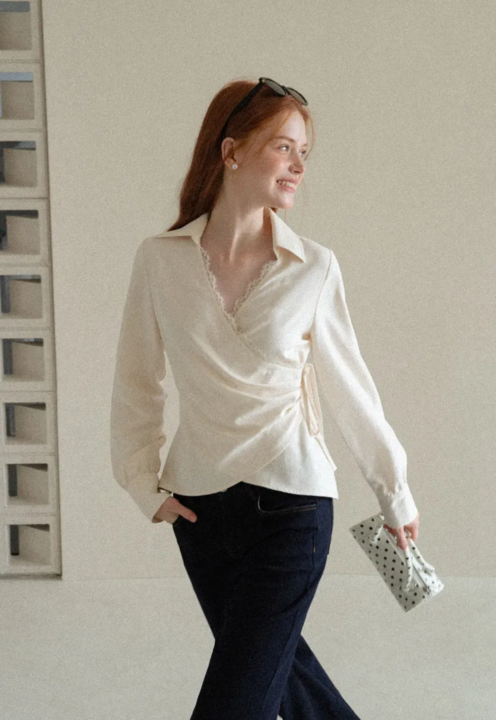 Lace Trim Wrap Front Long Sleeve Shirt