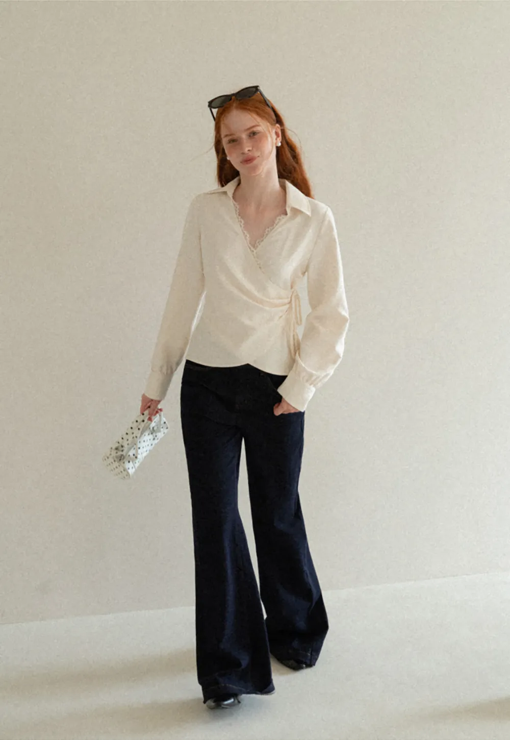 Lace Trim Wrap Front Long Sleeve Shirt