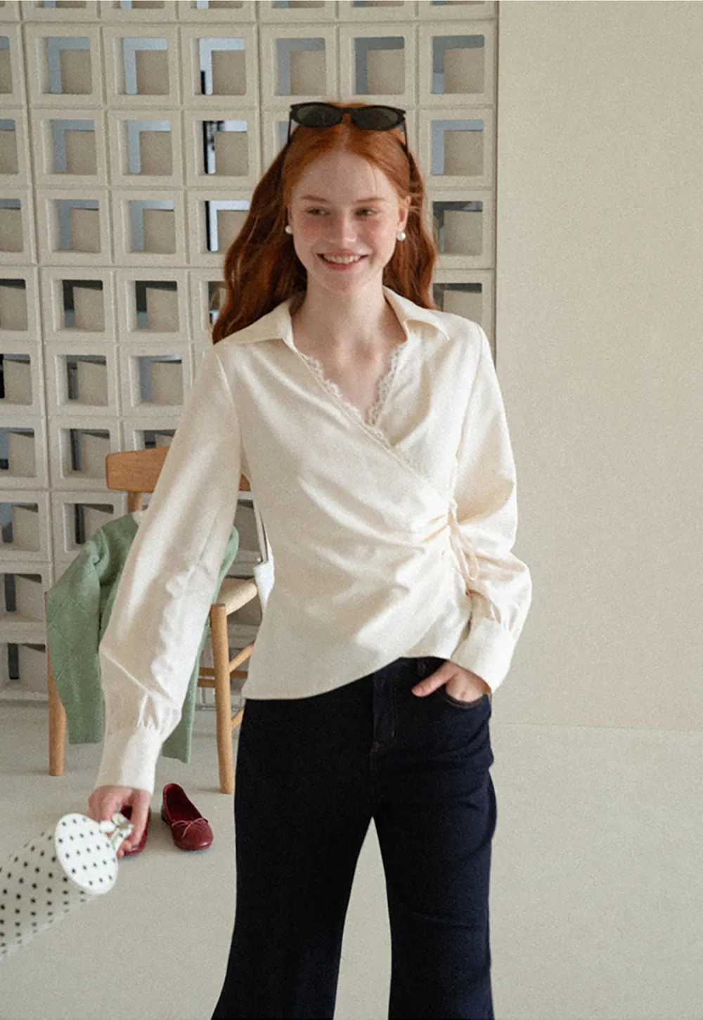 Lace Trim Wrap Front Long Sleeve Shirt
