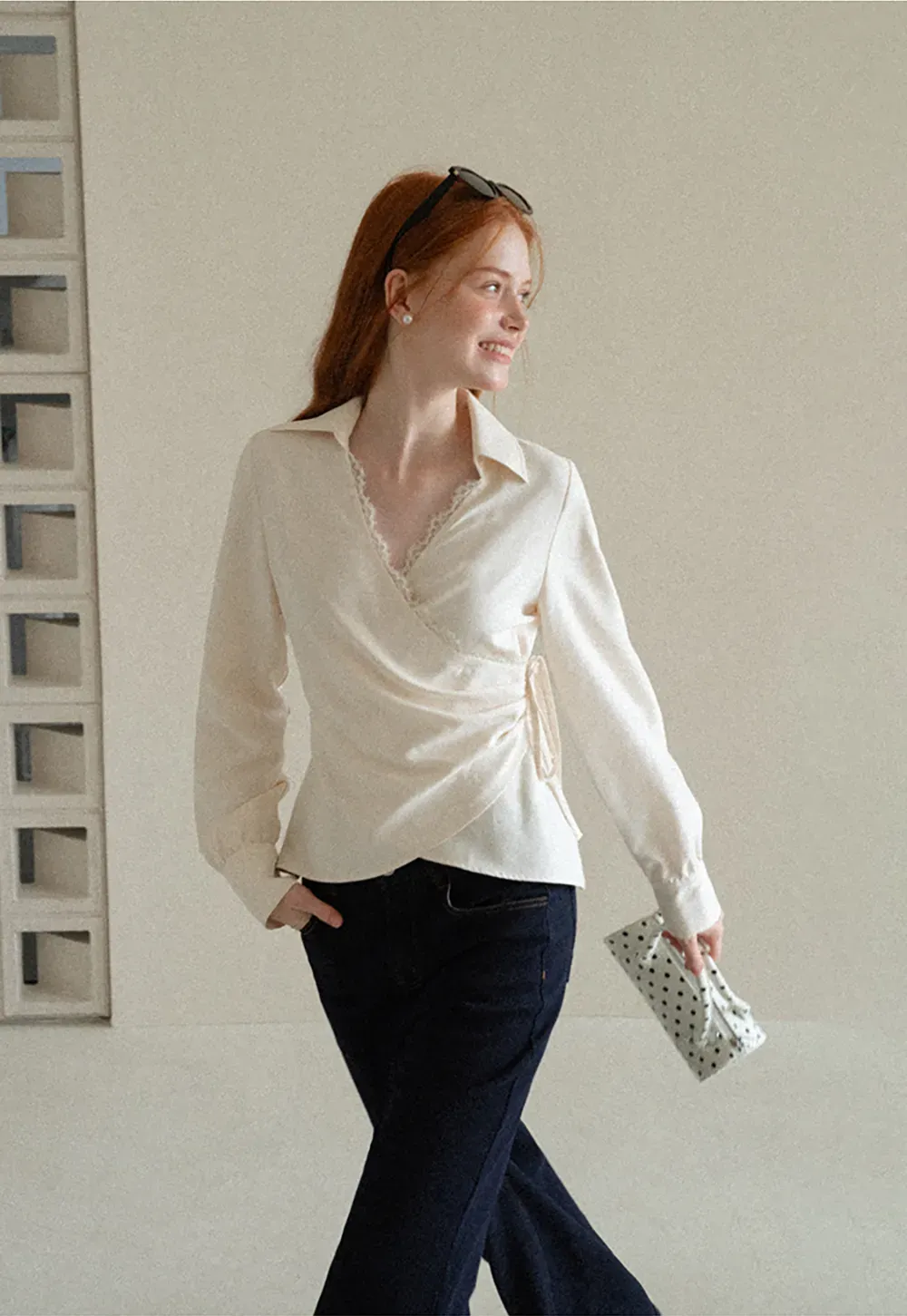 Lace Trim Wrap Front Long Sleeve Shirt