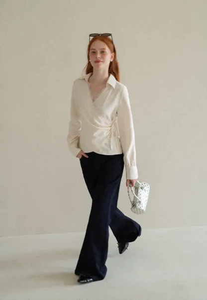 Lace Trim Wrap Front Long Sleeve Shirt