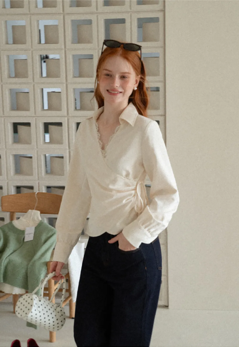 Lace Trim Wrap Front Long Sleeve Shirt