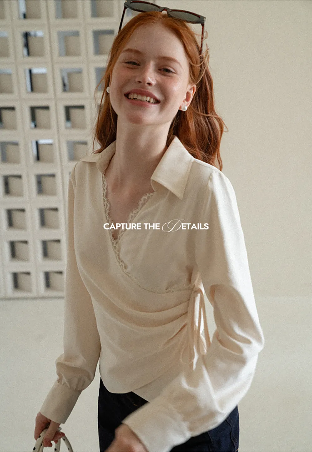 Lace Trim Wrap Front Long Sleeve Shirt