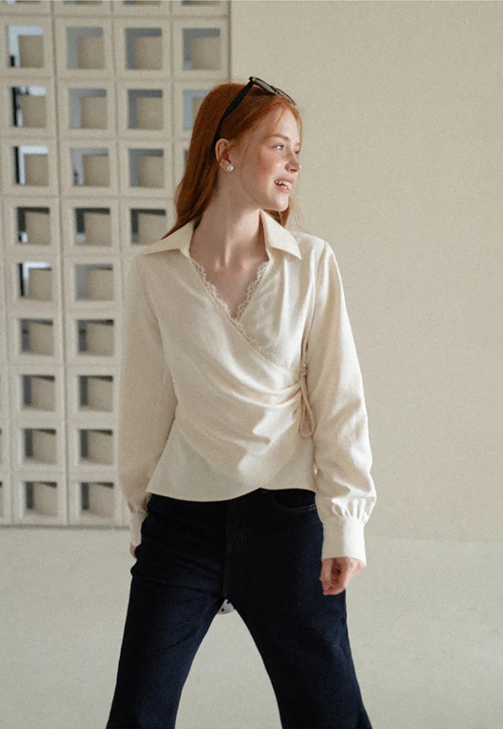 Lace Trim Wrap Front Long Sleeve Shirt