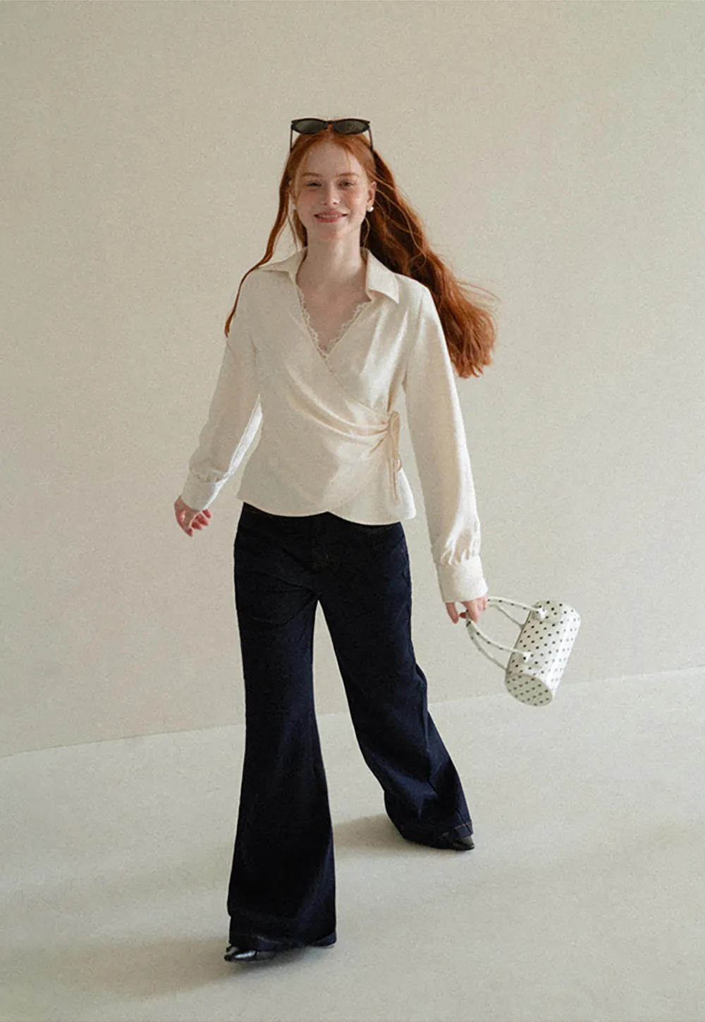 Lace Trim Wrap Front Long Sleeve Shirt