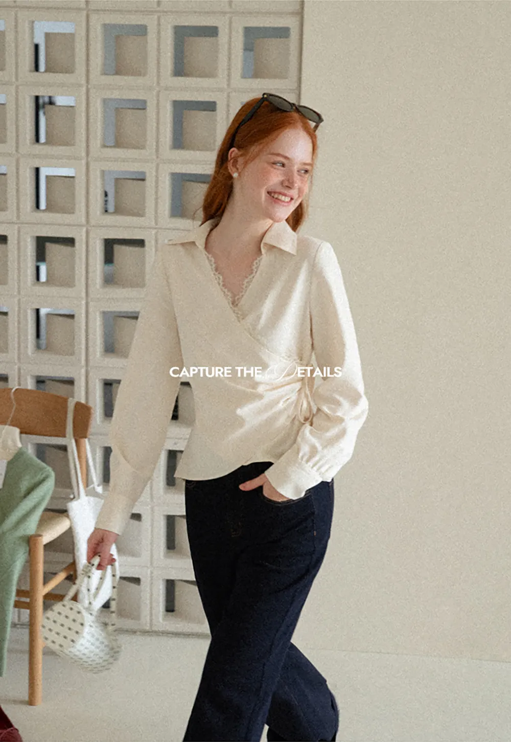 Lace Trim Wrap Front Long Sleeve Shirt