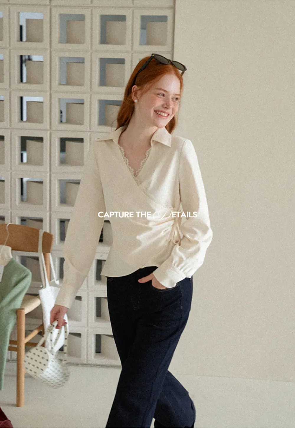 Lace Trim Wrap Front Long Sleeve Shirt