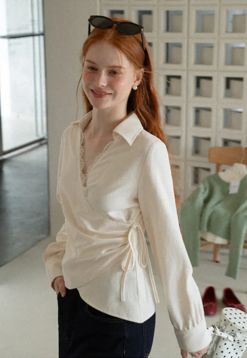 Lace Trim Wrap Front Long Sleeve Shirt