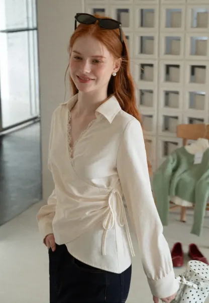 Lace Trim Wrap Front Long Sleeve Shirt