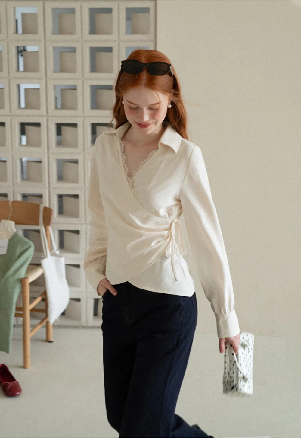 Lace Trim Wrap Front Long Sleeve Shirt