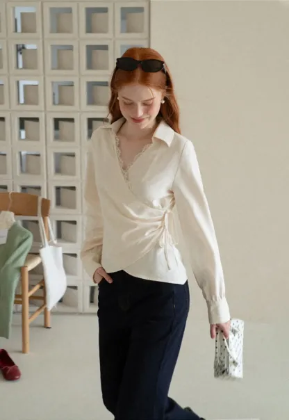 Lace Trim Wrap Front Long Sleeve Shirt