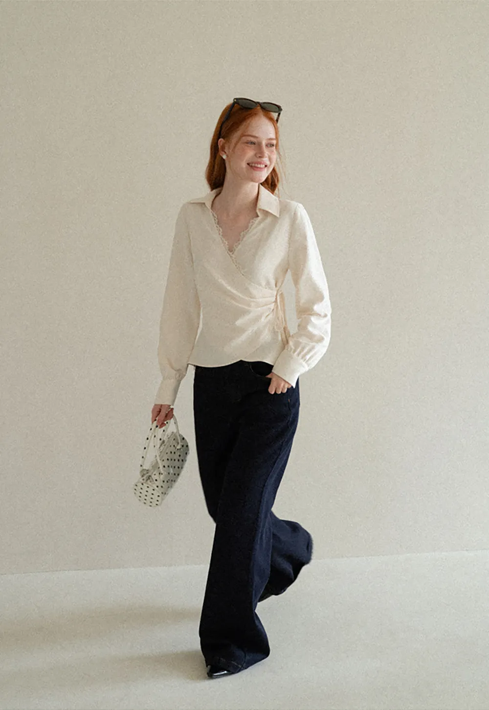 Lace Trim Wrap Front Long Sleeve Shirt