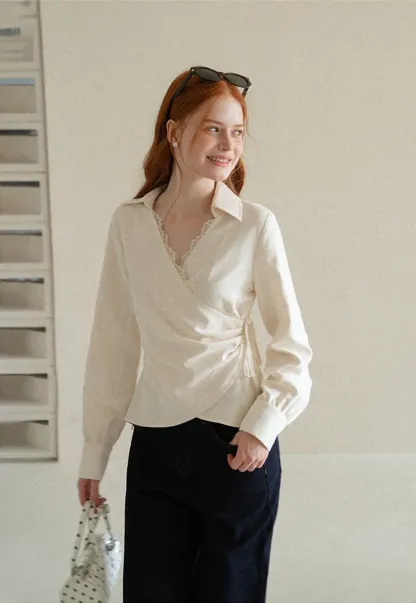 Lace Trim Wrap Front Long Sleeve Shirt