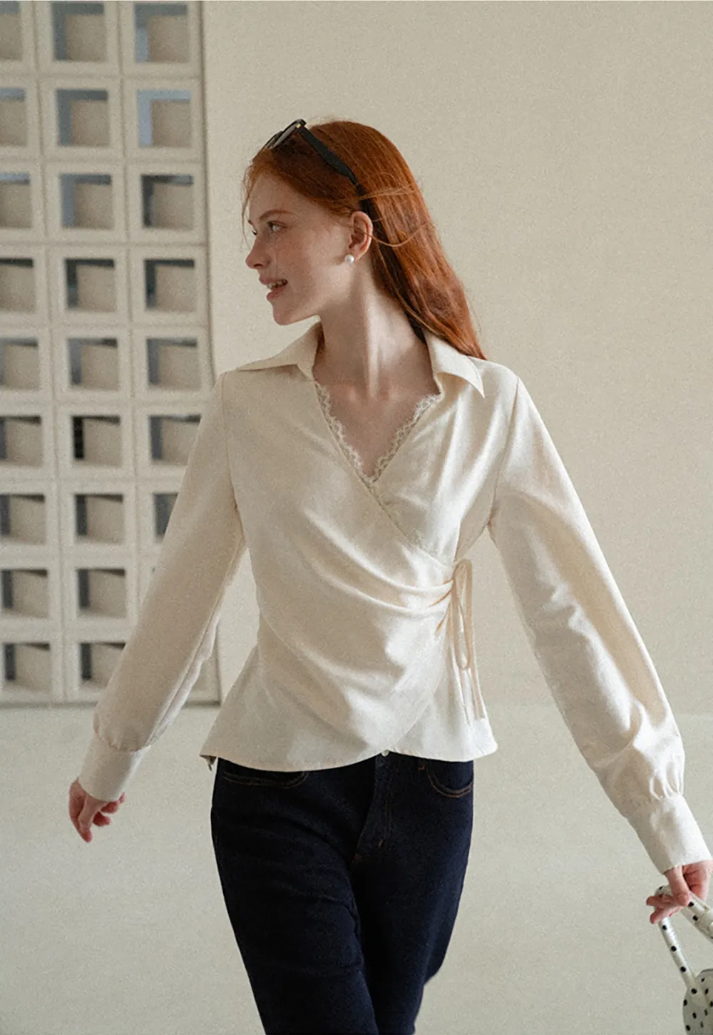 Lace Trim Wrap Front Long Sleeve Shirt