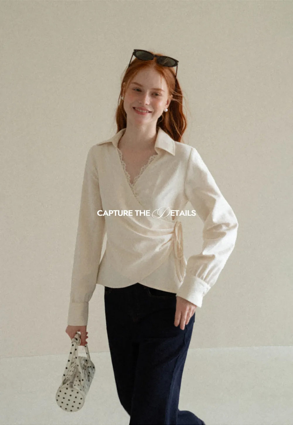 Lace Trim Wrap Front Long Sleeve Shirt