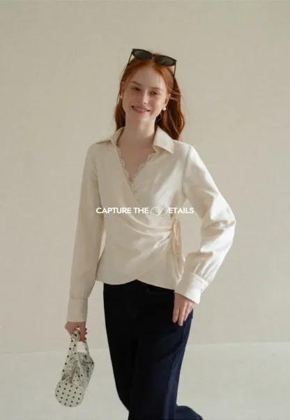 Lace Trim Wrap Front Long Sleeve Shirt