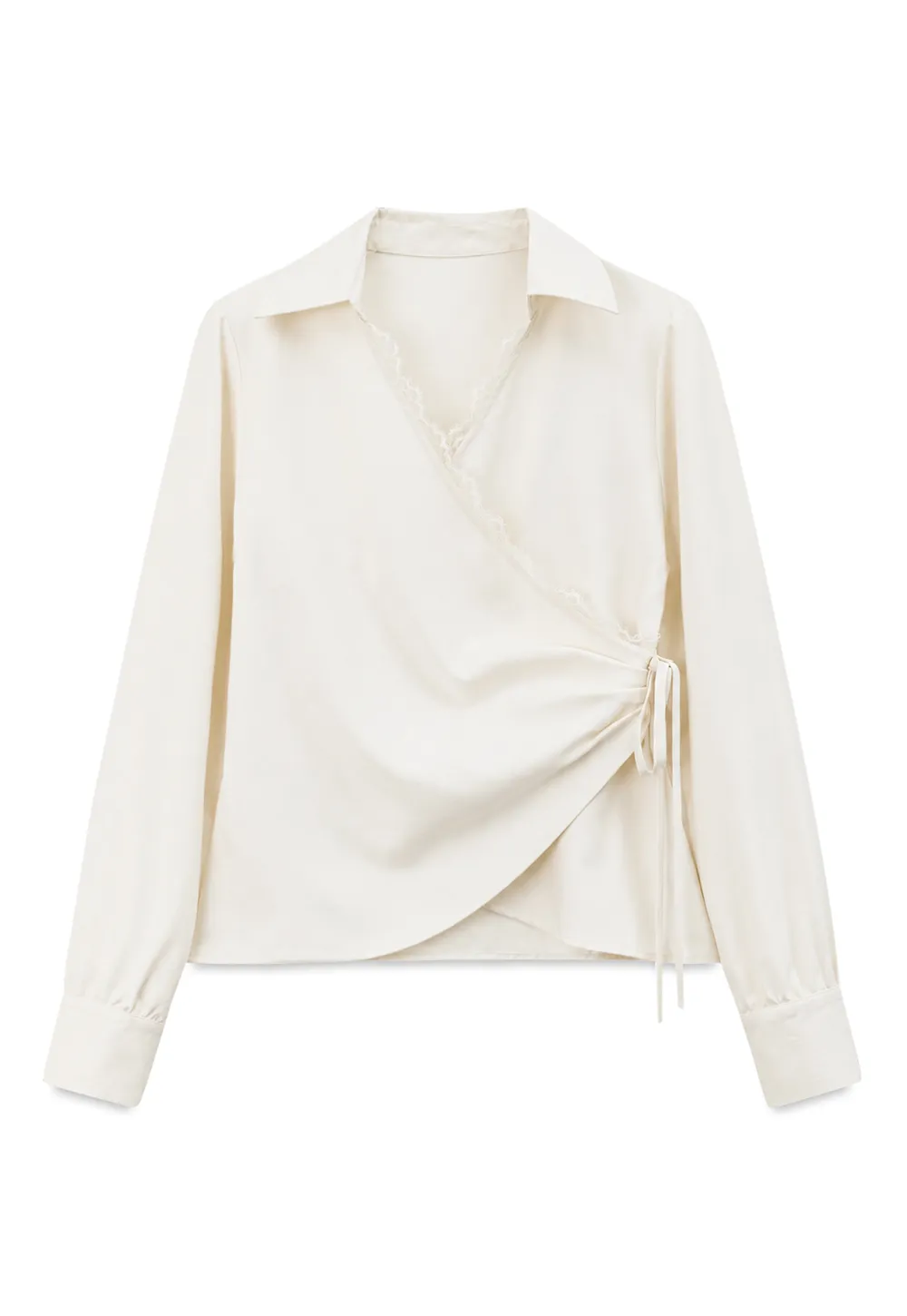Lace Trim Wrap Front Long Sleeve Shirt
