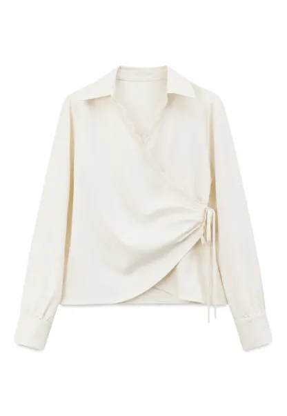Lace Trim Wrap Front Long Sleeve Shirt