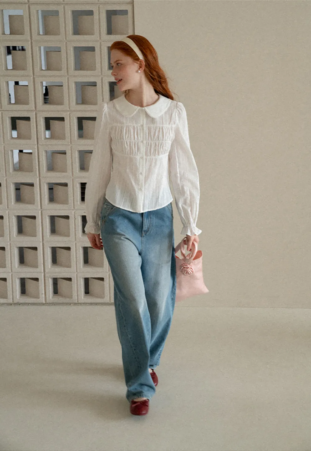 Peter Pan Collar Smocked Bodice Blouse