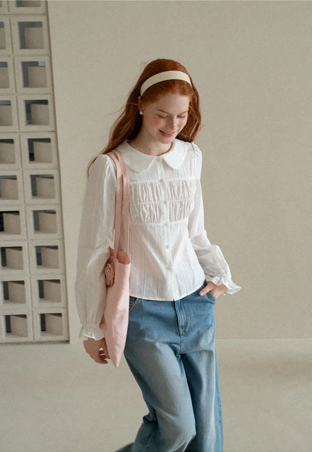 Peter Pan Collar Smocked Bodice Blouse