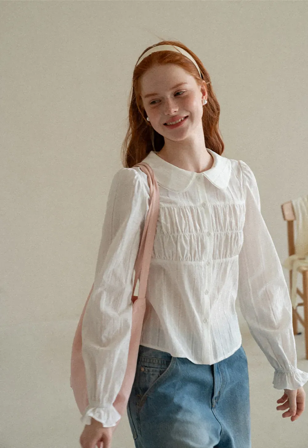 Peter Pan Collar Smocked Bodice Blouse