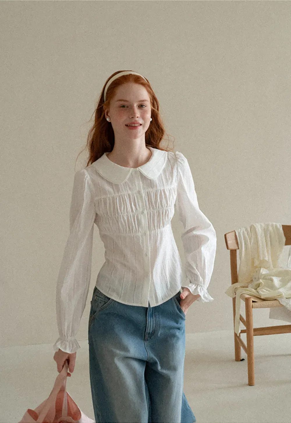 Peter Pan Collar Smocked Bodice Blouse