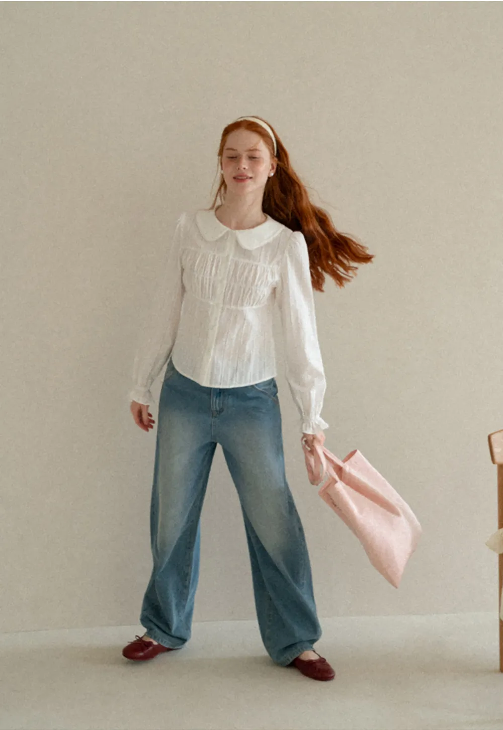 Peter Pan Collar Smocked Bodice Blouse