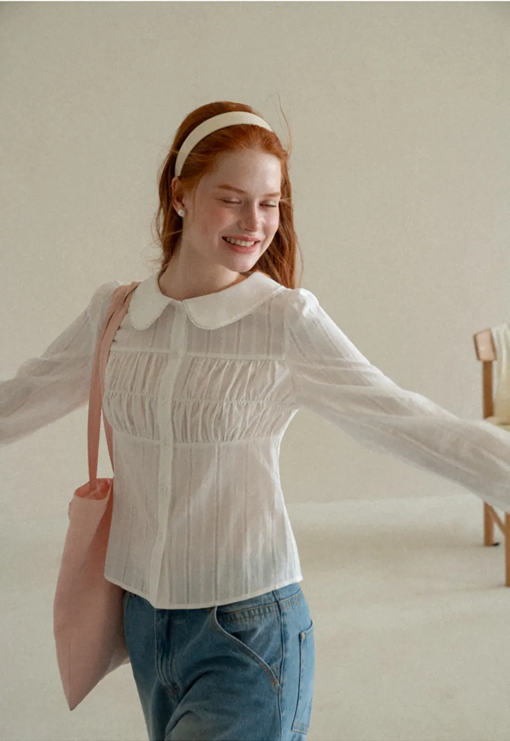 Peter Pan Collar Smocked Bodice Blouse